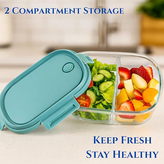 Neoflam 12-Pieces Airtight Kitchen 2 Compartment Storage, Oval Bento Glass Food Container with Vent, Microwave Meal Prep Canister, Dishwasher and Oven Safe (37 oz / 1.1 Liter / 4.6 cups)