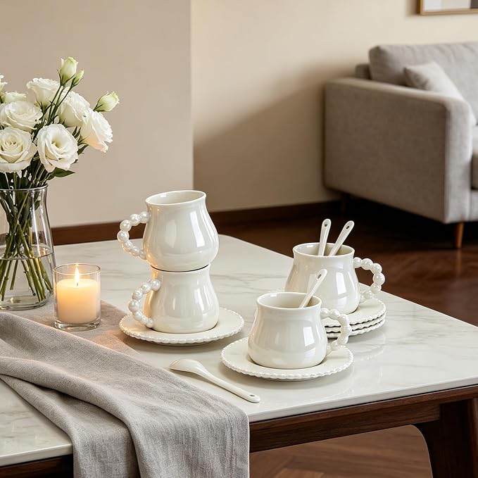 Cappuccino Cups Set of 4, 8oz Espresso Cups Set with Saucers and Spoons, Pearlescent Ceramic Coffee Tea Cups for Latte, Mocha, Au Lait, Dishwasher & Microwave Safe, Art Deco