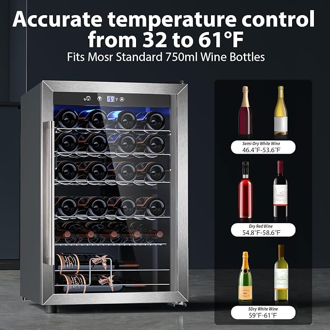 Electactic 4.4 Cu.ft Wine Cooler Refrigerator, 37 Bottle Freestanding Cabinet Wine Cellars, Wine Fridge with Glass Door for Home Use, Protecting Your Reds, Silver