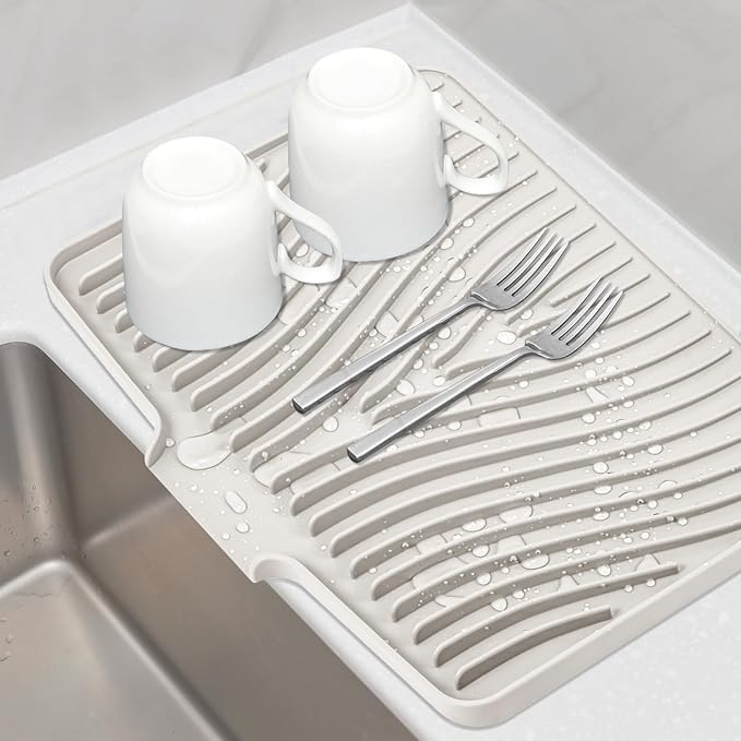 TIKNIK Silicone Dish Drying Mat, Stone Drying Mat for Kitchen Counter with Built-In Drain, Non-Slip Drain Pad with Built-in Drain, Heat Resistant Stone Drying Mat, Hangable, Cream-1pcs, 20" x 15"