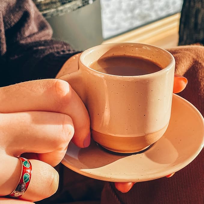 Mora Ceramic Mini Espresso Cups Set of 4, 3oz - Tiny Italian Inspired Mugs With Saucers For Small Shots of Coffee - Modern Boho Style For Any Kitchen or Cafe. Microwave Safe Porcelain - Asstd Neutrals