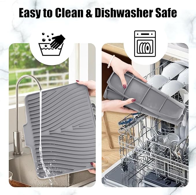 TIKNIK Silicone Dish Drying Mat, Stone Drying Mat for Kitchen Counter with Built-In Drain, Non-Slip Drain Pad with Built-in Drain, Heat Resistant Stone Drying Mat, Hangable, Grey-1pcs, 16" x 12"