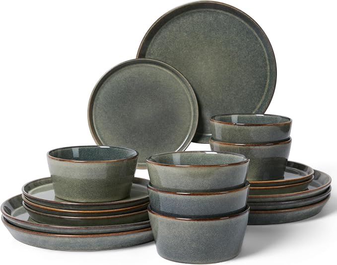 Pokini Dinnerware Sets, Microwave Safe Plates and Bowls Sets, Dishes Set for 6, Chip & Scratch Resistant Dinner Set, Hand Glazed Farmhouse Dishware Sets, Green Wheat