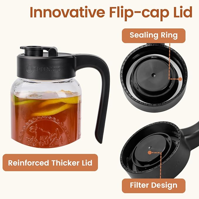 Mason Jar Pitcher - Airtight & Leakproof Glass Pitcher with Lid, Perfect for Breastmilk, Cold Brew, and Sun Tea, 2 Quart (64 oz) Mason Jar with Pour Spout Lid