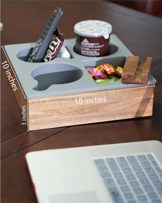 Couch Cup Holder Tray, Handy Soft Silicone Acacia Wooden Couch Caddy for Bed Car Seat Beach Organizer, Waterproof Anti-Spill Sofa Cup Holder for Snacks Beverage Remote (White)