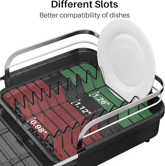 SNTD Dish Drying Rack, Expandable Dish Rack for Kitchen Counter, Stainless Steel Dish Drainer with Drainboard Set and Utensil Holder (Black)