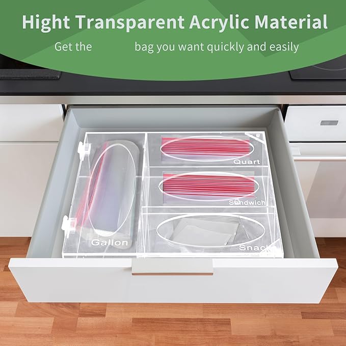 Acrylic Food Bag Storage Organizer, Acrylic Kitchen Drawer Bag Box Holder For Gallon Quart Sandwich And Snack, Compatible With Variety Size Bags Dispenser