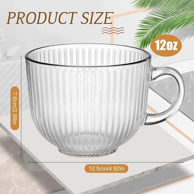 12 Pack Glass Coffee Mugs with Handles, 12 Ounces Glass Breakfast Mugs Bulk, Clear Tea Cups for Hot/cold Drinks, Glassware Set for Americano, Latte, Cappuccino(Ribbed)