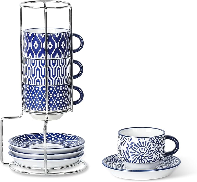 Selamica Ceramic Espresso Cups with Saucers and Metal Stand, 2.5 OZ Stackable Demitasse Cups for Espresso Latte Café Mocha, Set of 4, Vintage Blue