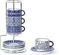 Selamica Ceramic Espresso Cups with Saucers and Metal Stand, 2.5 OZ Stackable Demitasse Cups for Espresso Latte Café Mocha, Set of 4, Vintage Blue