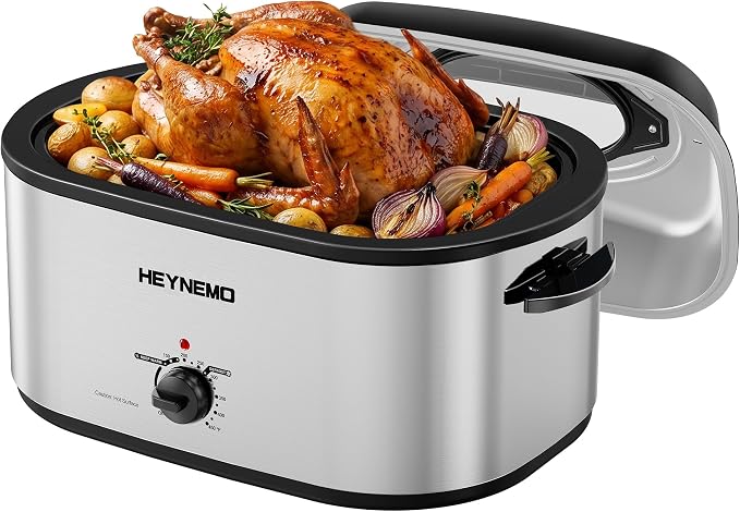 30 Quart Large Turkey Roaster with Defrost & Warm Functions, Electric Roaster Oven with Visible Self-Basting Lid, Adjustable Temperature Control, Removable Pan & Rack, Stainless Steel, Silver