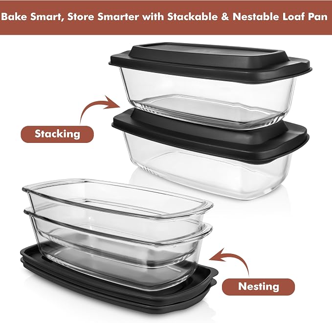 Razab LARGE 7.6 Cups/1800 ML/1.9 Qt Glass Loaf Pan with Lids (Set of 2) - Meatloaf Pan BPA free Airtight Lids Grip Handle Easy Carry, Microwave and Oven Safe - Loaf Pans For Baking Bread, Cakes