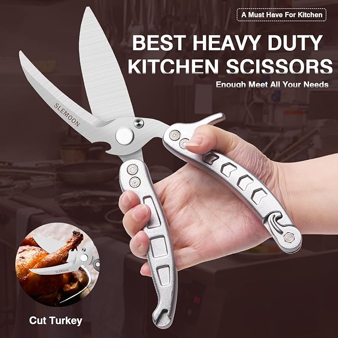 Heavy Duty Poultry Shears Kitchen Salad Scissors for Chicken Turkey Meat Herb Vegetable 2pcs Silver