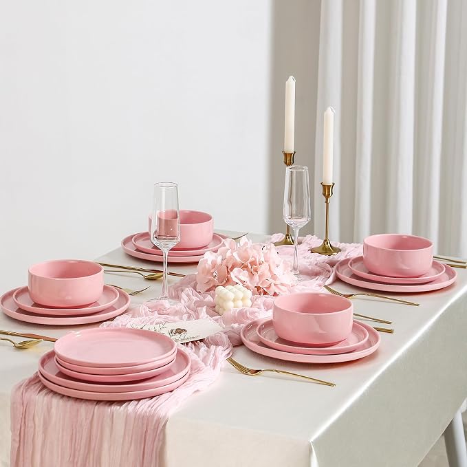 GZG Modern Art Series - 24 Pcs Speckled Stoneware Plates and Bowls Sets, Ceramic Dinnerware Set with Rustic Terracotta Underside, Microwave and Dishwasher Safe Handcrafted Dishes Set - Blush Pink