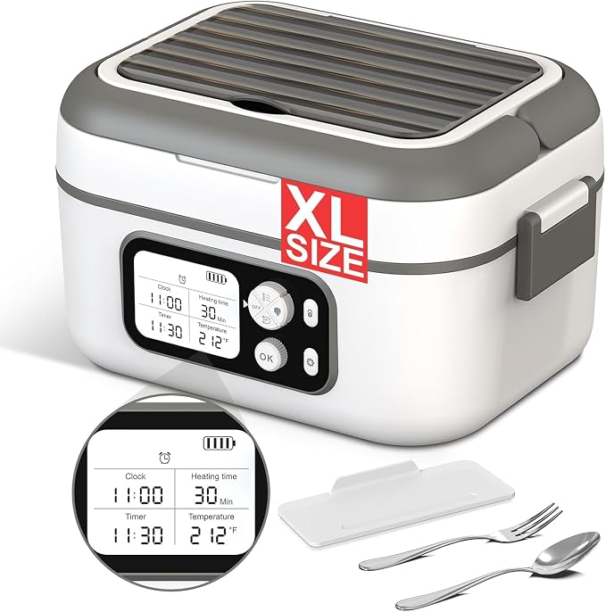 Cordless Electric Heated Lunch Box, 1.5L - 6.3 Cups 100W Rechargeable Smart Self-Heating Food Warmer with Removable Divider, Spoon, Fork, BPA Free, Portable Lunchbox for Car Travel Office