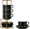 8 Ounce Cappuccino Cups Set of 4, Black | Stackable Cappuccino Mugs, Includes Display Stand, Cups Saucers, and Spoons, for Machines & Home Use, Gold Stand