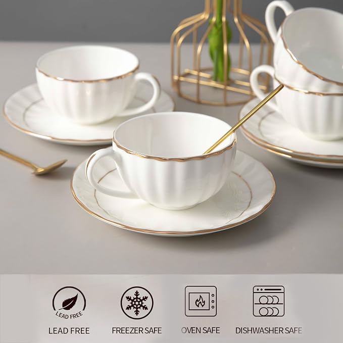 Bone China Tea Cups and Saucers Set (6 oz, Set of 4) – White Luxury Fine Porcelain Mugs for Tea, Coffee, Latte Art, Barista Use, Elegant Gifting