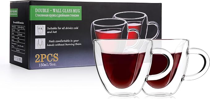 CNGLASS Double Wall Heart Shaped Glass Coffee Mugs 5oz(Set of 2),Insulated Clear Tea Cups with Handle,Unique Glass Espresso Mugs for Coffee,Cappuccino,Latte,Milk