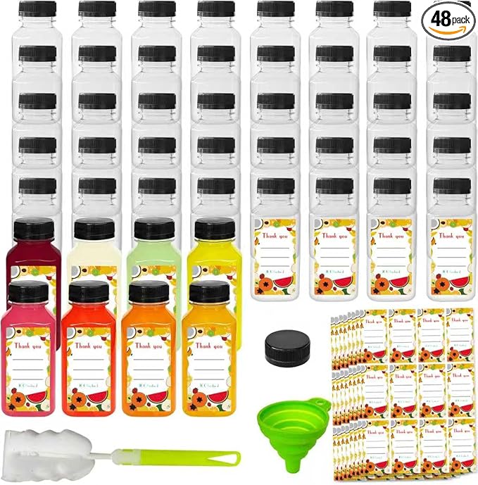 48pcs 8oz Juice bottle with caps,Plastic bottles with caps, Reusable Clear Bulk Beverage Containers for Juice, Milk and Other Beverages