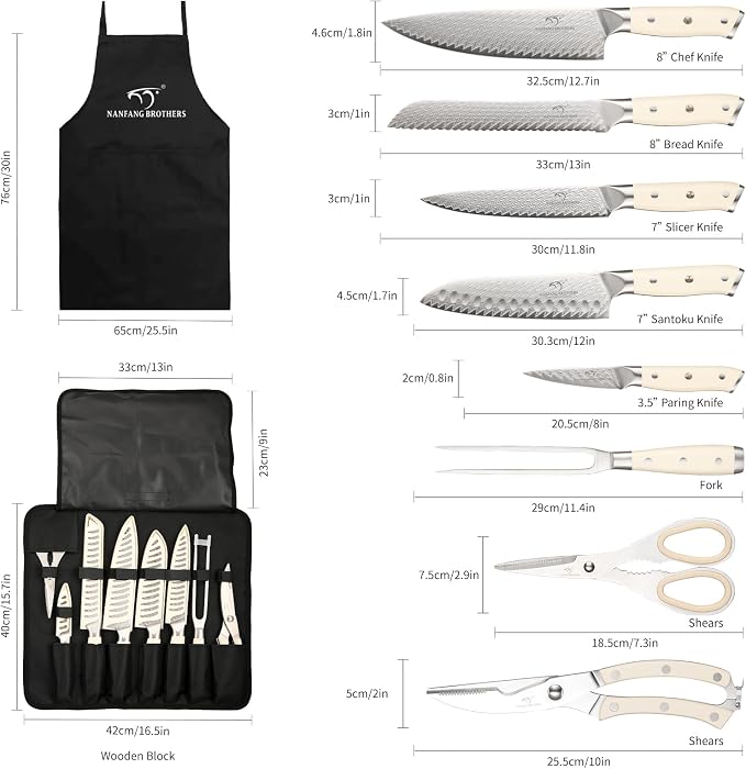 NANFANG BROTHERS 9-Piece Damascus Steel Chef Knife Set with Roll Bag VG10 Core Camping & Travel Kit, Blade Guards, Carving Fork & Apron Included (Portable for Outdoor/Home)
