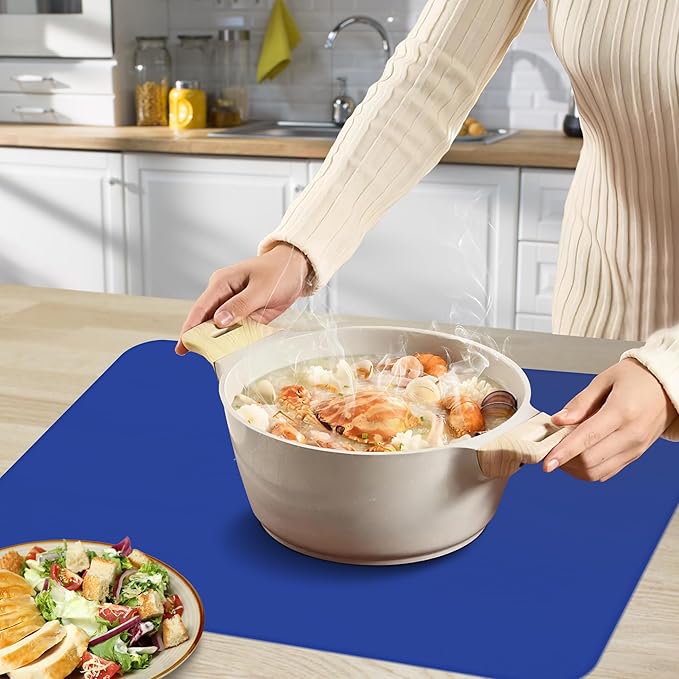 Silicone Mat for Kitchen Counter, Silicone Mat Trimable to Size (Classic blue, 15.7×11.8inch-2pcs), BPA-Free Silicone Placemat, Heat-Resistant NonSlip Table Mat for Air Fryer, Countertop Protector Mat