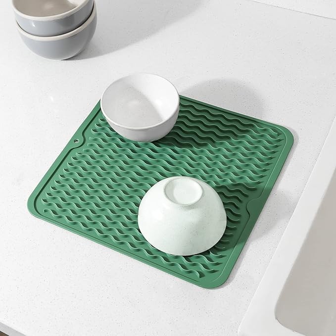 MicoYang Silicone Dish Drying Mat for Multiple Usage,Easy clean,Eco-friendly,Heat-resistant Silicone Mat for Kitchen Counter or Sink,Refrigerator or Drawer liner Green M 12 inches x 12 inches