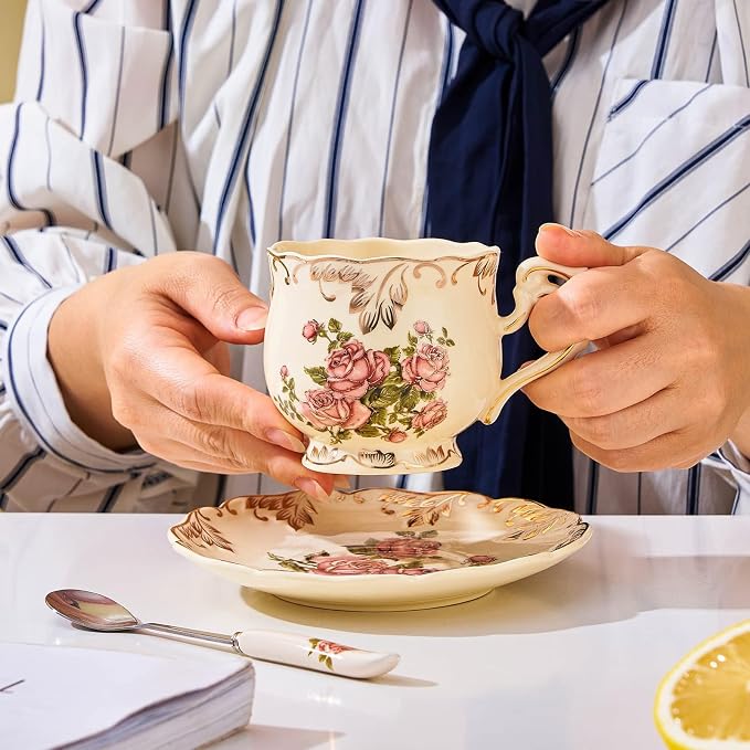 Tea Cups and Saucers Set of 2, 8 Oz Ivory Rose Floral Porcelain Teacup and Saucer Set with Spoon, Vintage Tea Cups with Gold Trim, European Style (Pink Rose)