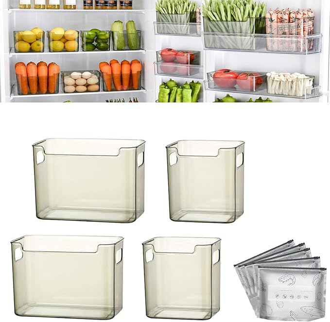 Crystal Clear Freezer Storage Bins - 4 Pack Stackable Freezer Organizer Bins, Clear Plastic Kitchen Cabinet Organizer for Meat, Veggies & Fruit (Green, 4pcs-S+L)