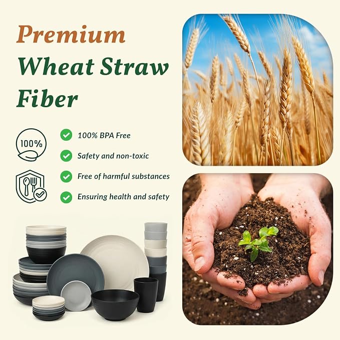 Homienly 40 PCS Wheat Straw Dinnerwave Sets for 8 Unbreakable Plates and Bowls Sets with Cups & Saucers, Microwave Dishwasher Safe Dishes Sets for Kitchen, Camping, RV, Party, Stackable (Gery Stone)
