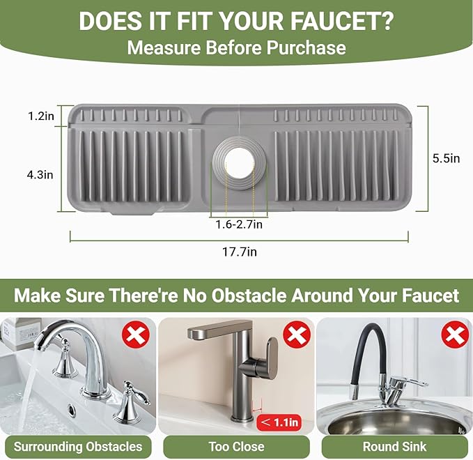 Faucet Mat for Kitchen Sink, 17.7" x 5.5" Silicone Sink Faucet Mat Splash Guard, 7° Slope Fast Self-draining, Bathroom Countertop Protectors to Catch Spills, Foldable & Snap Lock Fit (Gray)