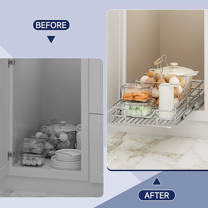 Pull Out Cabinet Organizer, 10.5" W x 21.5" D, Heavy Duty Chrome Slide Out Shelf for Narrow Base Cabinets, Sliding Wire Basket Drawer for Spices, Bottles, Snacks & Cleaning Supplies
