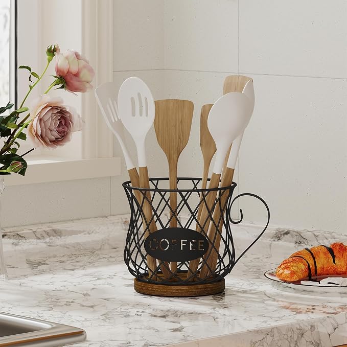 YINMIT K Cup Holder Organizer, Rustic Coffee Pod Holder Organizer, 35 Kcup Holder for Counter with Handle，Large Capacity Black Wire Coffee Capsule Basket for Kitchen Office Desktop (Circular Grid)