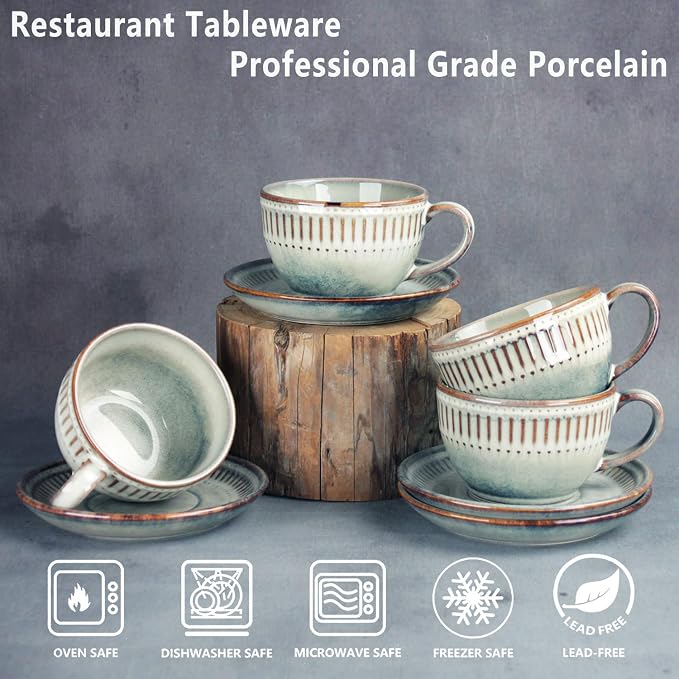 Cappuccino cup with tray, 8.5 oz. Set of 4 Ceramic Coffee Cups and Saucer Set for Latte, latte art cup, suitable for latte/cappuccino/milk/tea