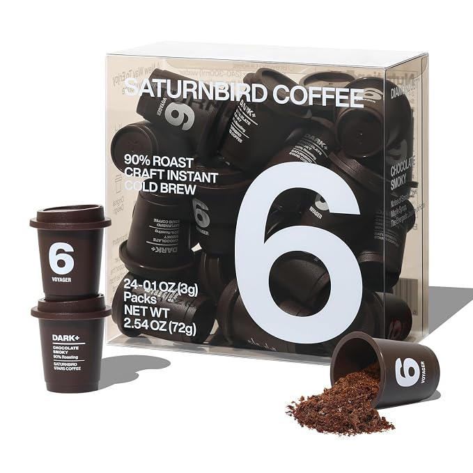 Saturnbird Super Instant Coffee Pods, Specialty Cold Brew Freeze-dried Coffee, No.6 French Roast, 100% Arabica, Brew with Hot/Cold Water or Milk, 24 Single-Serve Packets