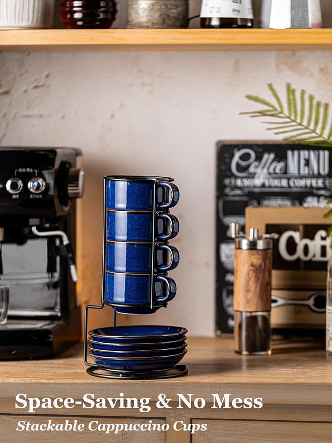 Gomakren 6 Ounce Cappuccino Cups with Saucers and Metal Stand, Stackable Coffee Cup Set of 4, Father's Day Porcelain Espresso Cups for Coffee Drinks, Cappuccino, Latte, Americano, Tea, Cobalt Blue