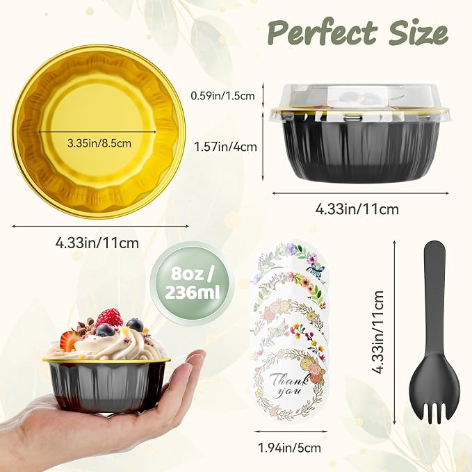 100 Pack 8 OZ Disposable Ramekins with Lids and Spoons Aluminum Foil Cups | Dessert Cups with Lids Disposable Creme Brulee Ramekins Aluminum Foil Muffin Tin Cupcake Baking Cups for Birthday Wedding