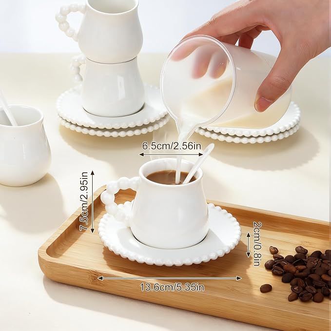 Cappuccino Cups Set of 4, 8 oz Ceramic Coffee Cup and Saucer Set with Spoons, Espresso Coffee Cup Mugs for Latte, Mocha, Tea, Au Lait, Flat White, Dishwasher & Microwave Safe