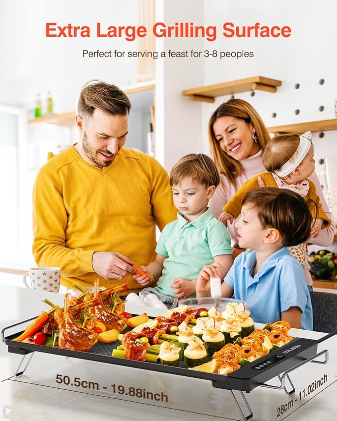 iTRUSOU Electric Griddle with Removable Touch Panel, IPX9 Waterproof, Dishwasher-Safe, 1300W Fast Heating in 10S, 18x10" Die-Cast Nonstick Plate, Foldable Design for Family Use (4–8 People)