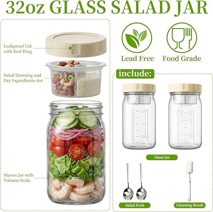 4 Pack Glass Salad Jars with Lids Meal Prep, 32oz Meal Prep Glass Salad Jars with 4 Stainless Steel Forks Wet/Dry Dressing Cups for Home, Office and Outdoor, 32oz Mason Jars