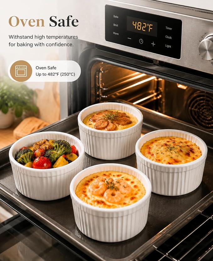 Ramekins 16 oz Oven Safe, Creme Brulee Ramekins with Lids, White Ceramic Souffle Dishes Ramekin, Mini Baking Bowls with Cover Set of 4, Ramekin Assorted Sizes - Dishwasher and Oven Safe, Fathers Day Gift