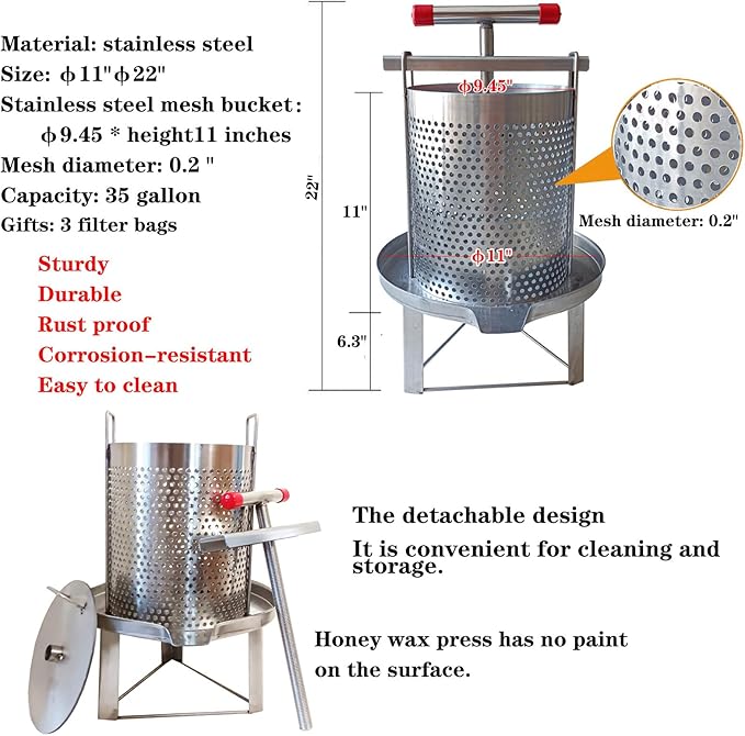 Honey Press Extractor Wax Machine Stainless Steel Honey Press Beeswax Machine Manual Large Bee Honey Presser Fruit Wine Press For Honey Wine Juice Vegetables Olive Oil Making
