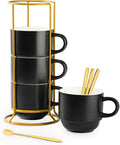 YHOSSEUN Porcelain Stackable Coffee Mugs Set With Rack, Espresso Cups with Stand Stir Spoons, 11 Oz Coffee Cups Demitasse Cup for Latte, Macchiato, Cafe Mocha Set of 4, Black