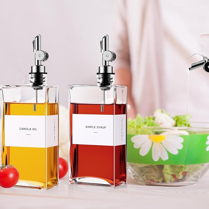 Reallnaive 4 Pcs Olive Oil Dispenser for Kitchen, Glass Olive Bottles Oil Seasoning Bottle Set Coffee Syrup Soy Sauce Dispenser(Silver,500 ml)