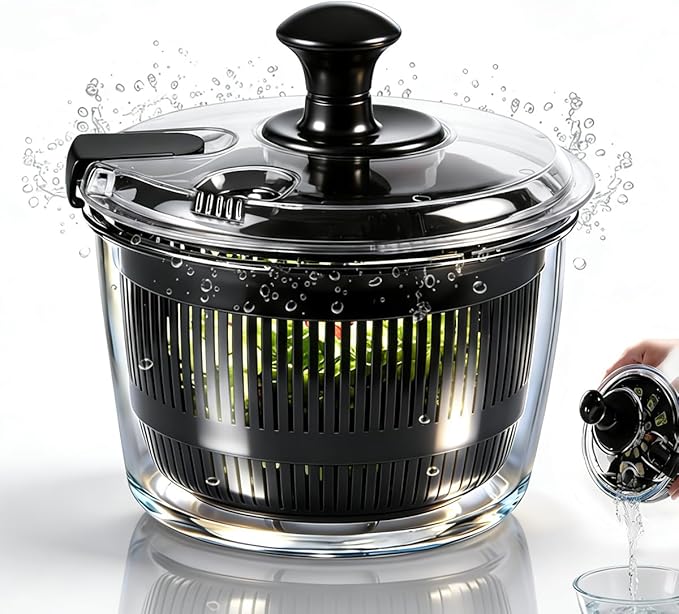 3.2 Qt Glass Salad Spinner, Small Vegetable Dryer with Transparent Lid, Crank Handle Quick Spin Greens Washer for Lettuce, Herbs, Fruits Cleaner, Tosser, Drain, Microwave Safe, Dishwasher Safe