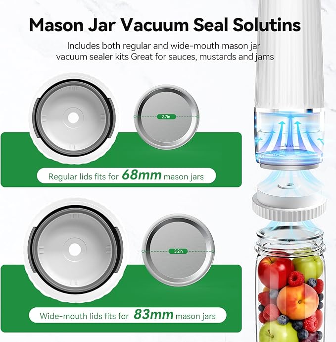 Vacuum Sealer for Food (Compact Vacuum Sealer Machine + 30 Mason Jar Lids), Portable Food Sealer, Seal Meal Saver for 10X Preservation & Fresh