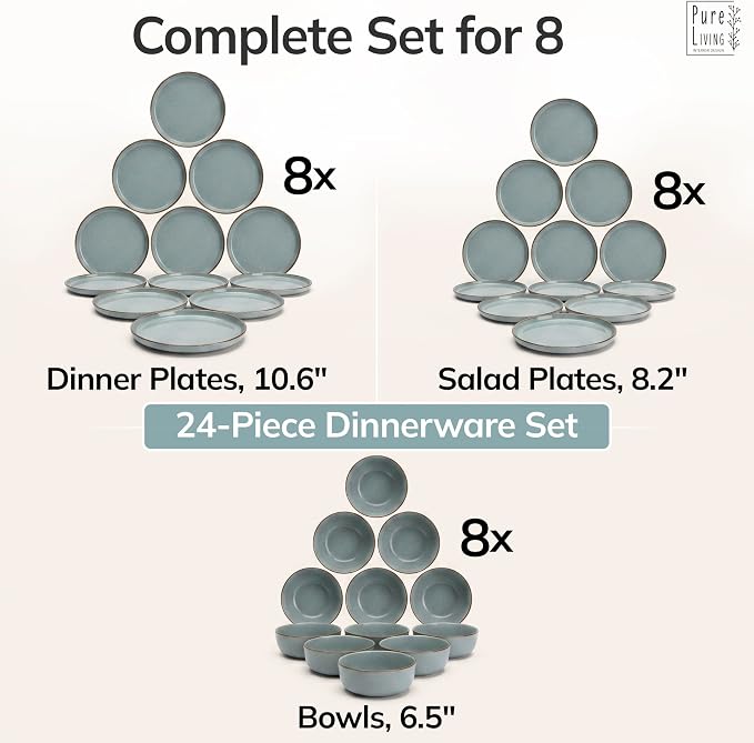 Stoneware dinnerware set 8 persons Rustic 24 pcs - Rustic design dinnerware set, dishwasher safe - Bowl and plate set - Pure Living dinnerware in smoky blue…