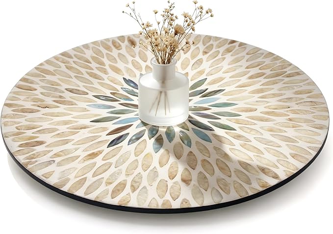 13.4" Mother of Pearl Lazy Susan, Table Centerpiece Round Shell Decorative Lazy Susan Turntable Rotating Tray Organizer for Cabinet Counter Gift Kitchen Office Cafe Home Decor (Beige Blue)
