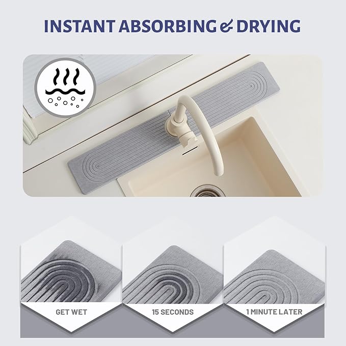 Stone Faucet Mat for Kitchen Sink, Faucet Mat Fast Drying Diatomite, Sink Splash Guard Water Absorbing Stone Tray for Sink, Counter Protector for Kitchen & Bathroom