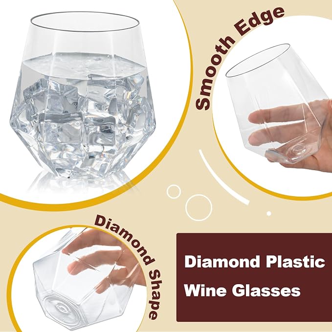 Goodluck 80 PCS Diamond Stemless Plastic Wine Whiskey Glasses, 12 Oz Disposable Cocktail Glasses, Suitable for Weddings, Birthday Parties, Family Gatherings, Bars, etc (Clear)
