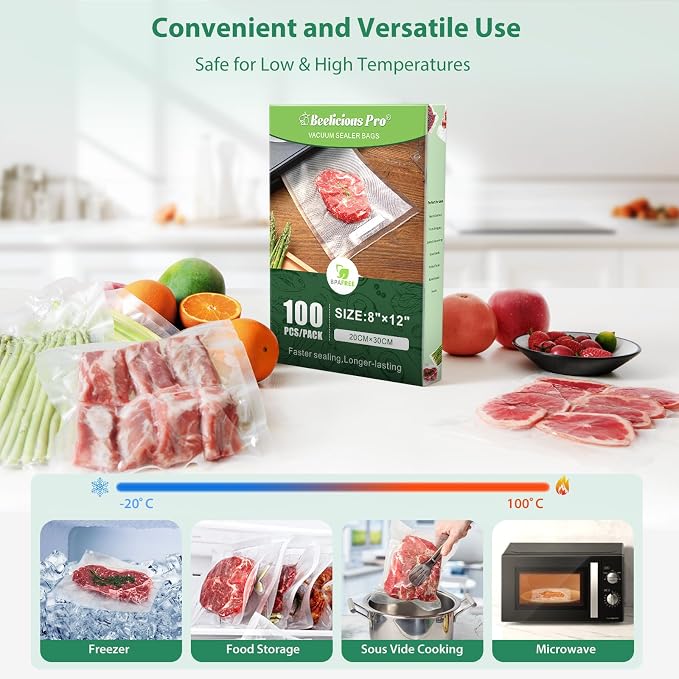 Beelicious Pro Precut Vacuum Sealer Bags for Food Storage 100 Count 8" x 12" with BPA-Free, Heavy Duty, Commercial Vacuum Seal Bags for Sous Vide & Seal a Meal